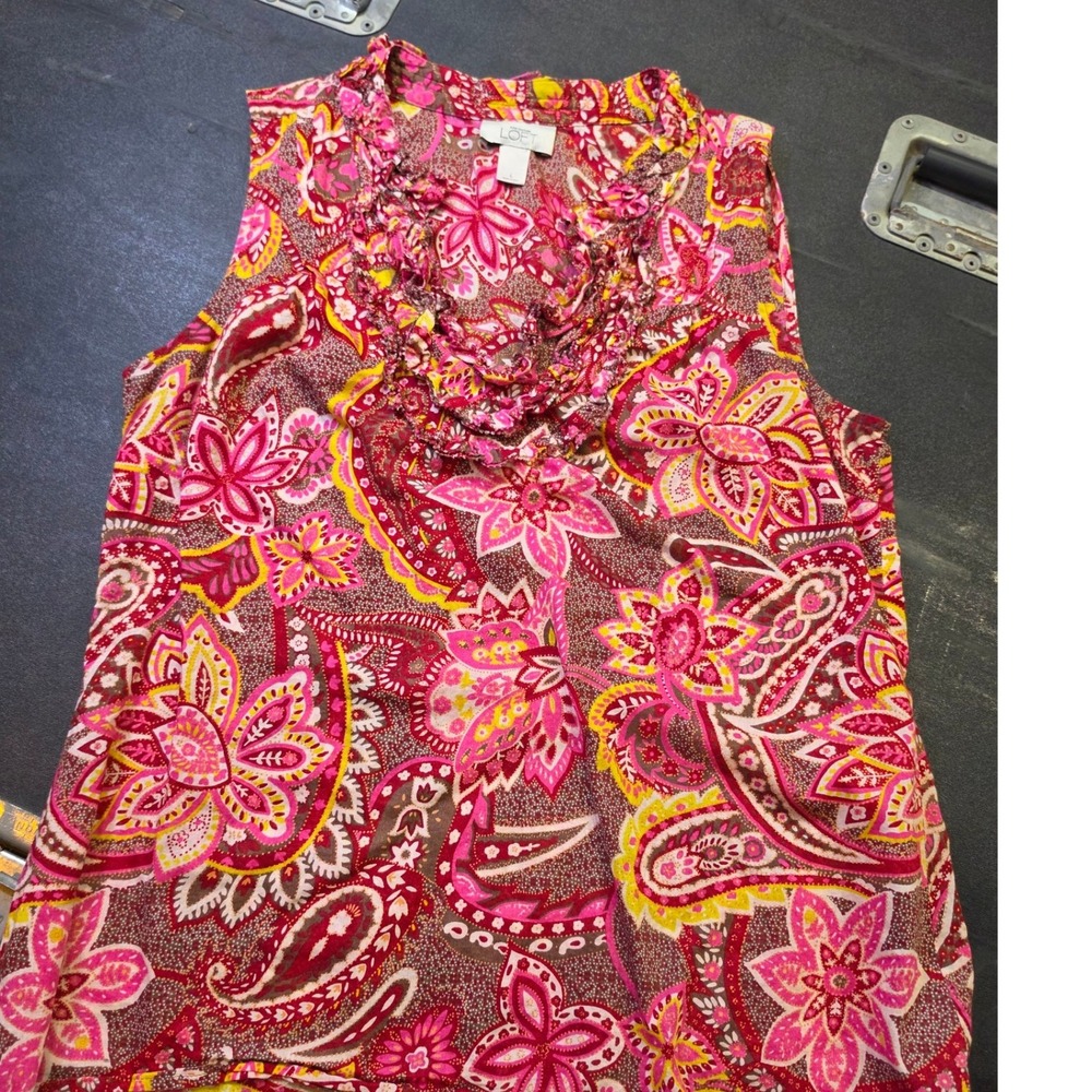 Ann Taylor LOFT Pink Paisley Ruffle Neck Sleeveless Blouse Boho Cottagecore Lg